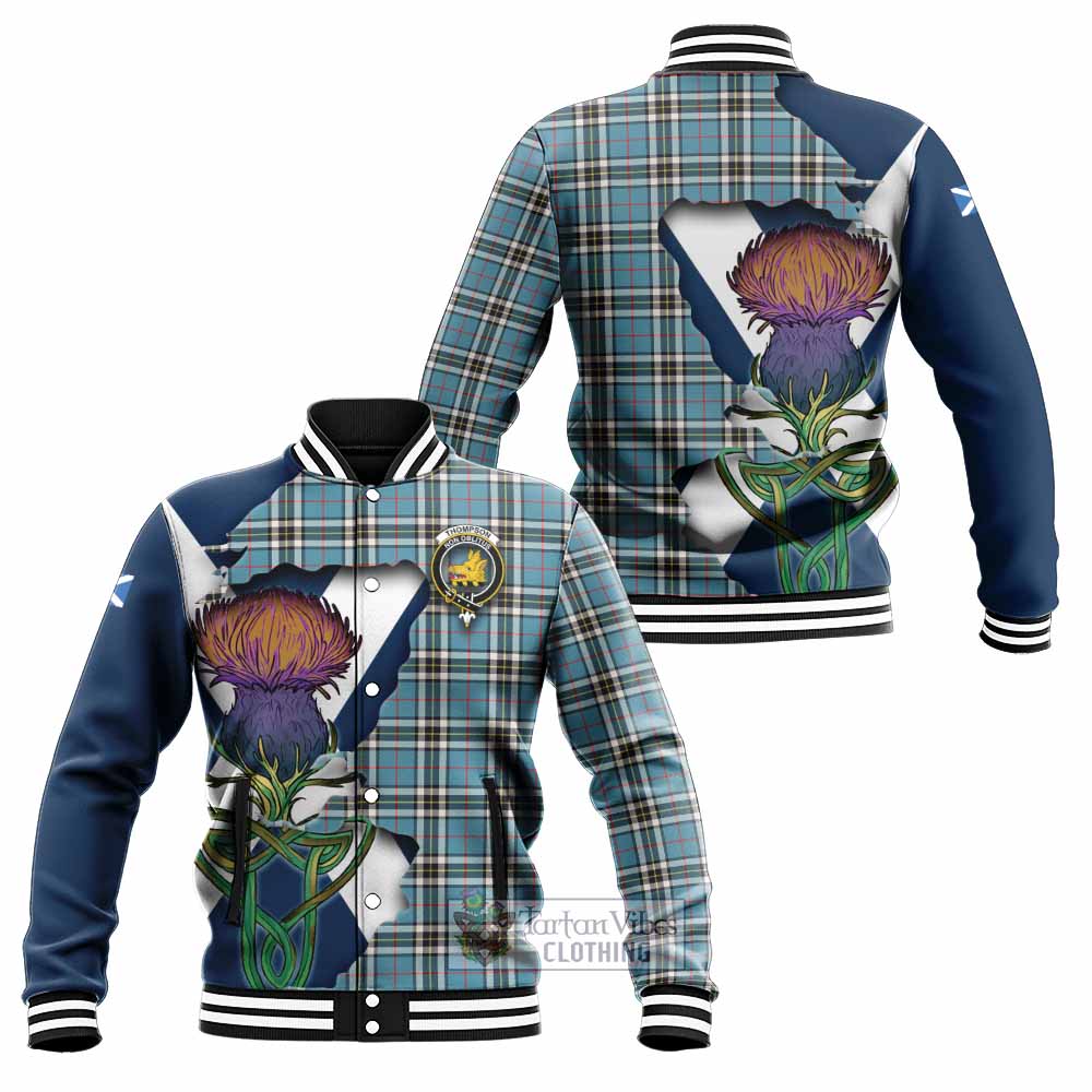 Tartan Vibes Clothing Thompson (Thomson) Tartan Family Crest Baseball Jacket Scottish Thistle Celtic Inspired