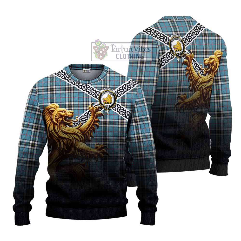 Tartan Vibes Clothing Thompson (Thomson) Crest Tartan Knitted Sweater with Golden Lion Emblem Celtic Style