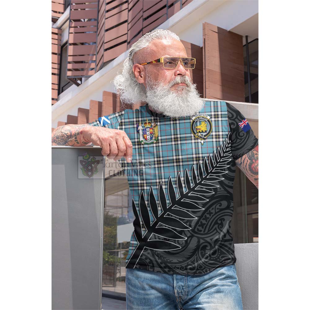 Tartan Vibes Clothing Thompson (Thomson) Crest Tartan Cotton T-shirt with New Zealand Silver Fern Half Style