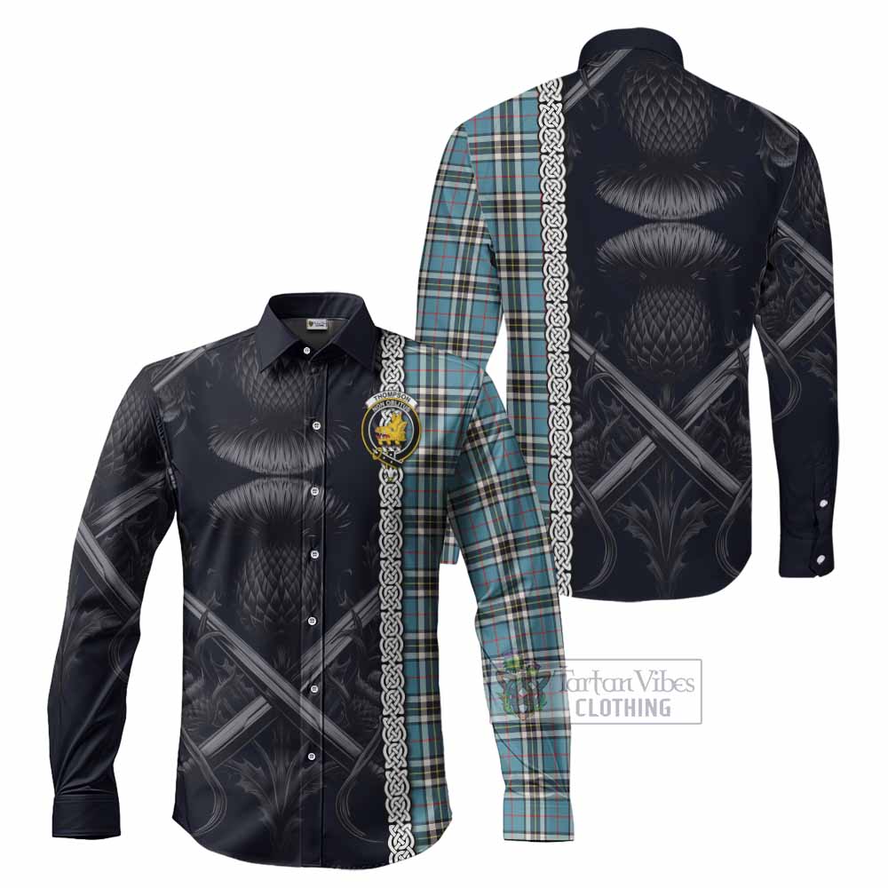 Tartan Vibes Clothing Thompson (Thomson) Tartan Long Sleeve Button Shirt with Family Crest Cross Sword Thistle Celtic Vibes