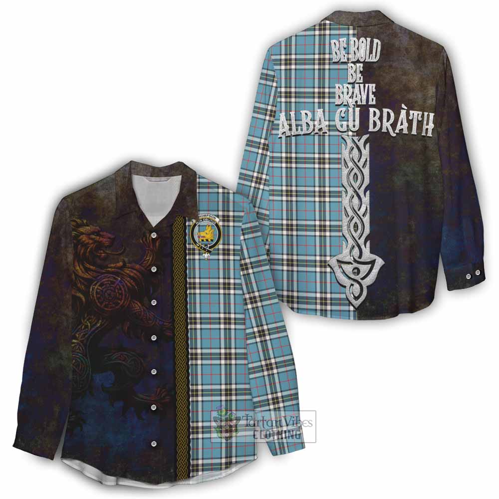 Tartan Vibes Clothing Thompson (Thomson) Tartan Family Crest Women's Casual Shirt Alba Gu Brath Be Brave Lion Ancient Style