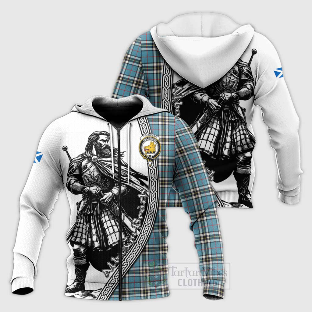 Tartan Vibes Clothing Thompson (Thomson) Tartan Clan Crest Knitted Hoodie with Highlander Warrior Celtic Style