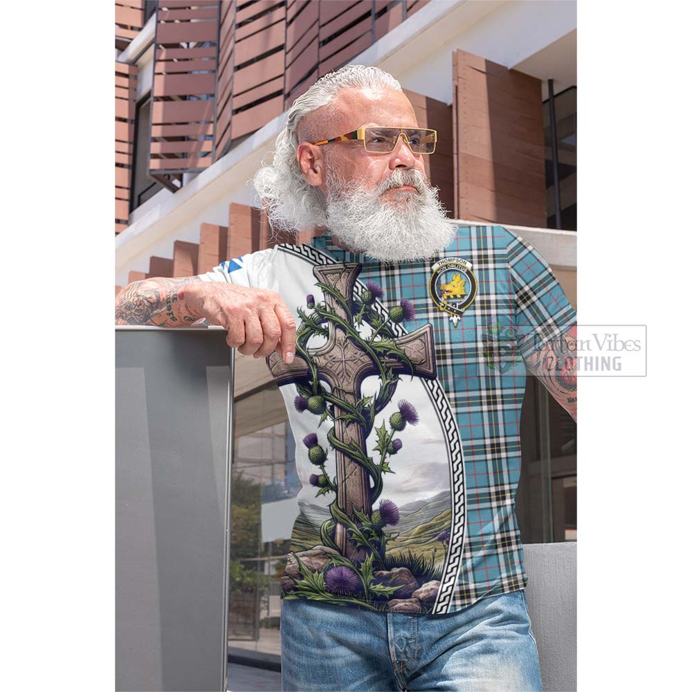 Tartan Vibes Clothing Thompson (Thomson) Tartan Cotton T-shirt with Family Crest and St. Andrew's Cross Accented by Thistle Vines
