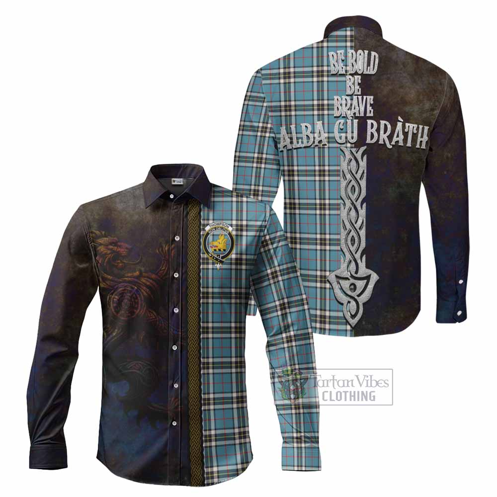 Tartan Vibes Clothing Thompson (Thomson) Tartan Family Crest Long Sleeve Button Shirt Alba Gu Brath Be Brave Lion Ancient Style