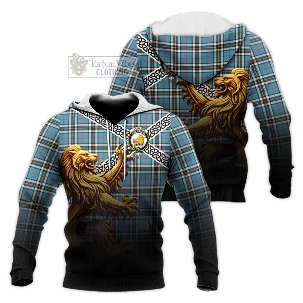 Tartan Vibes Clothing Thompson (Thomson) Crest Tartan Knitted Hoodie with Golden Lion Emblem Celtic Style