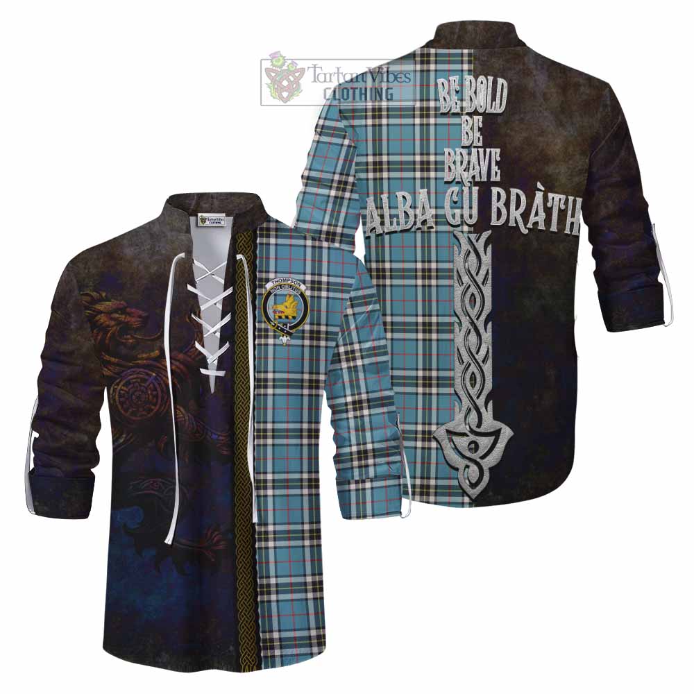 Tartan Vibes Clothing Thompson (Thomson) Tartan Family Crest Ghillie Kilt Shirt Alba Gu Brath Be Brave Lion Ancient Style