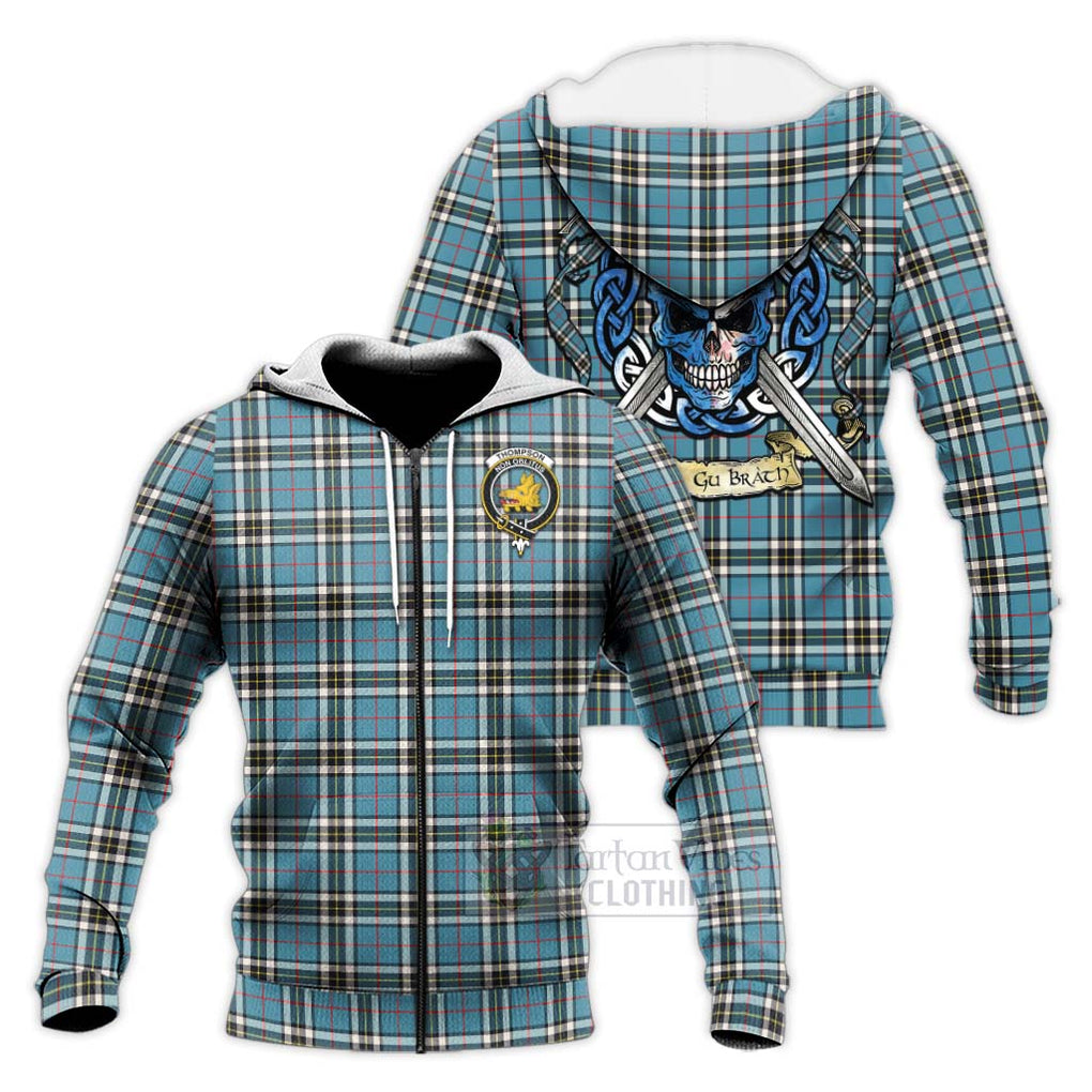 Tartan Vibes Clothing Thompson (Thomson) Tartan Knitted Hoodie with Family Crest Celtic Skull Style