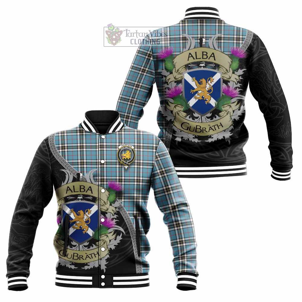 Tartan Vibes Clothing Thompson (Thomson) Tartan Family Crest Baseball Jacket Lion Rampant Royal Thistle Shield Celtic Inspired
