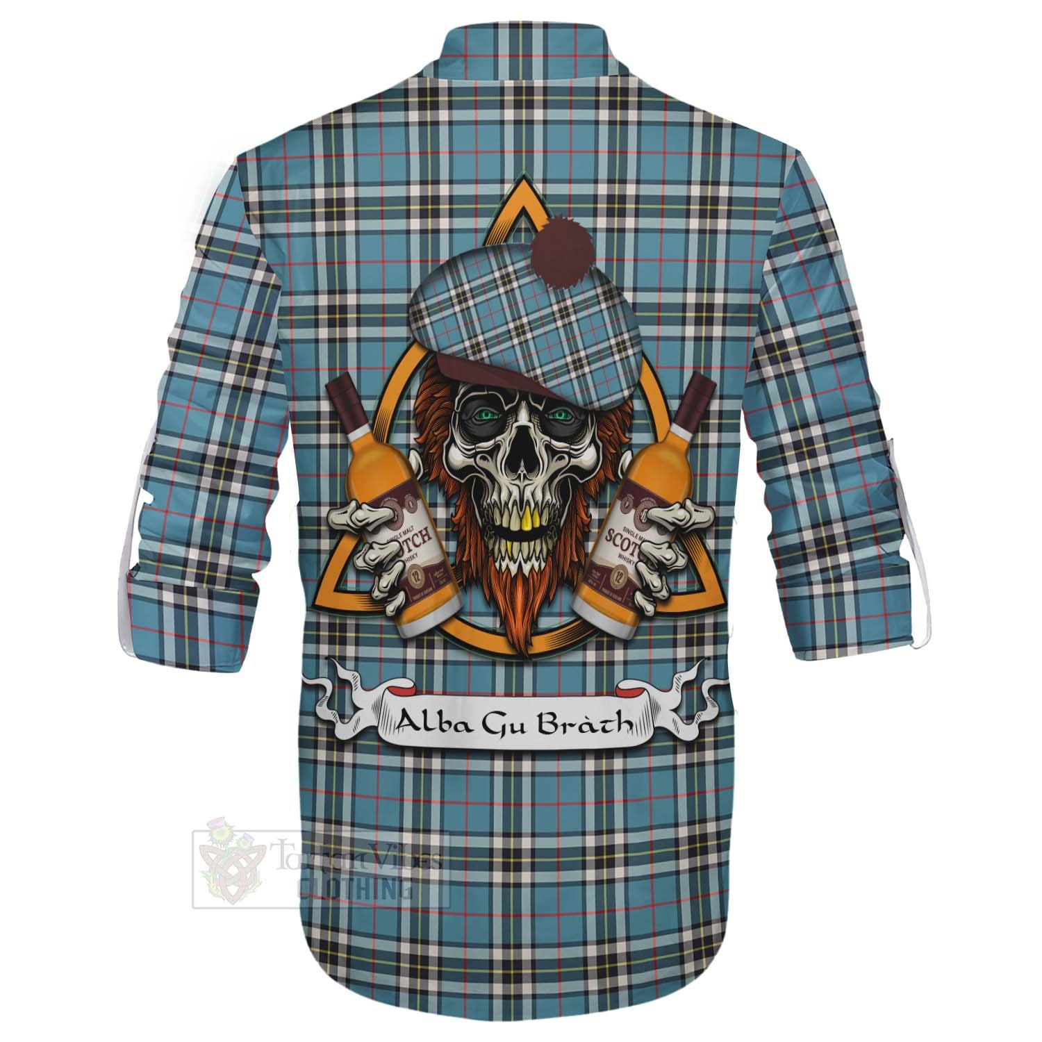 Tartan Vibes Clothing Thompson (Thomson) Tartan Ghillie Kilt Shirt with Family Crest and Bearded Skull Holding Bottles of Whiskey