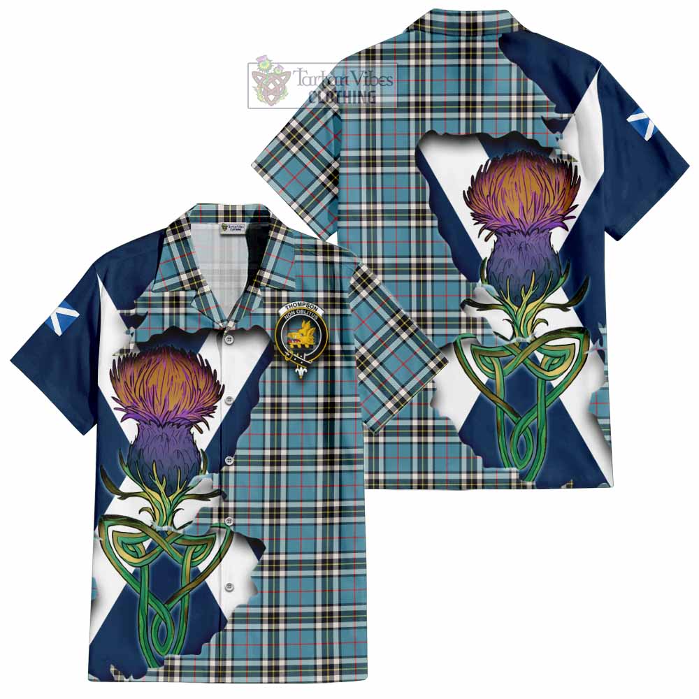 Tartan Vibes Clothing Thompson (Thomson) Tartan Family Crest Short Sleeve Button Shirt Scottish Thistle Celtic Inspired