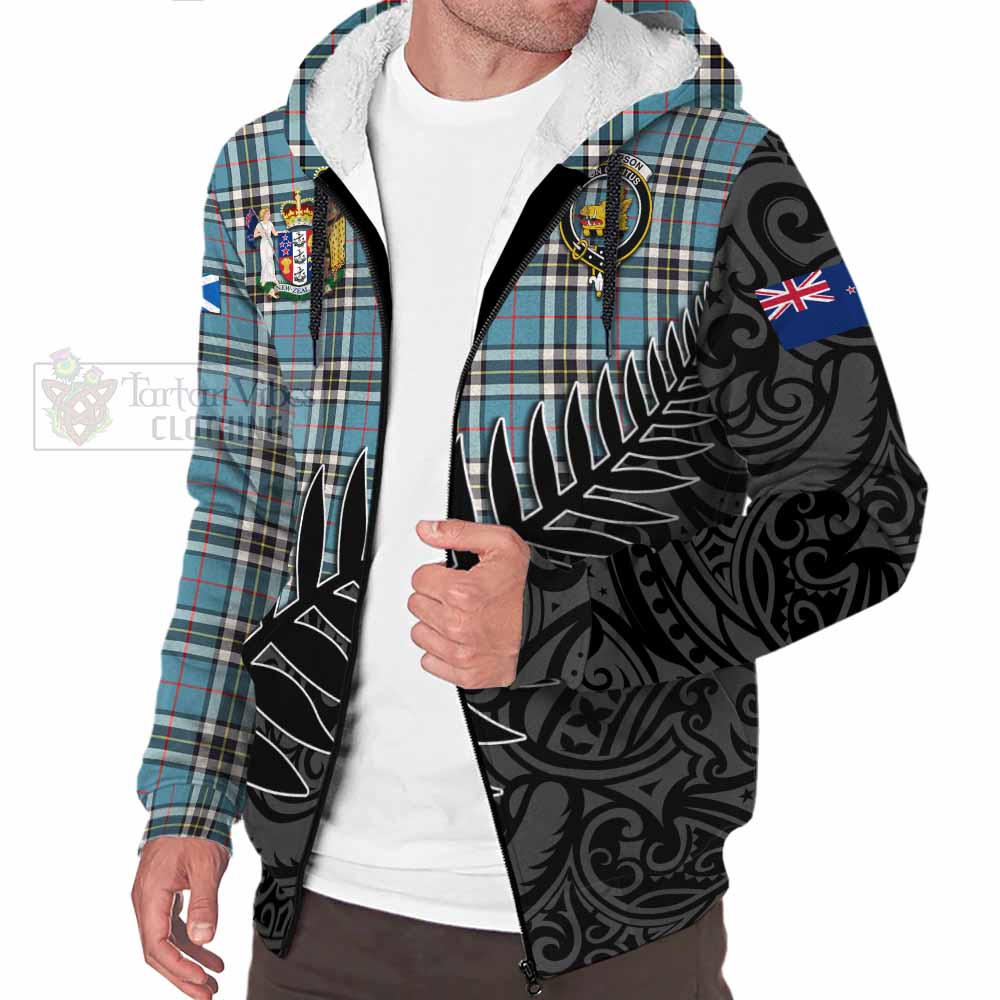 Tartan Vibes Clothing Thompson (Thomson) Crest Tartan Sherpa Hoodie with New Zealand Silver Fern Half Style
