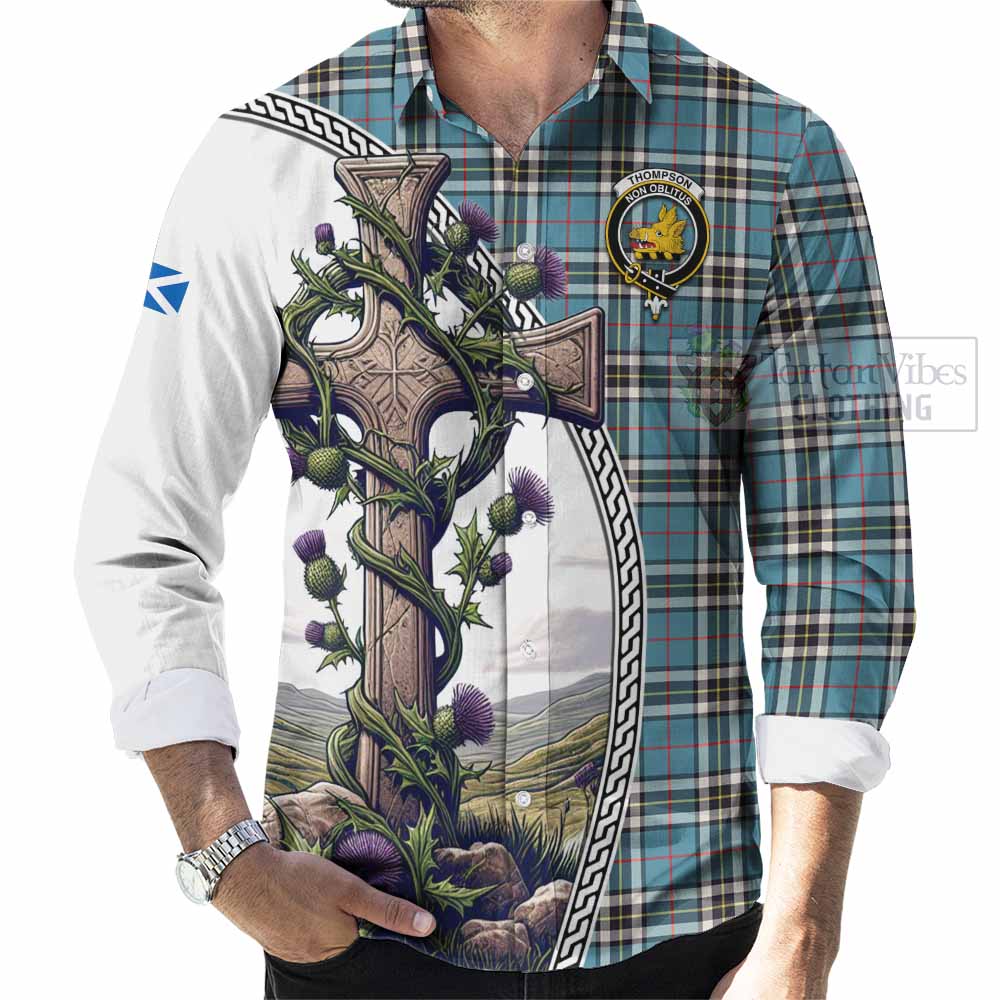 Tartan Vibes Clothing Thompson (Thomson) Tartan Long Sleeve Button Shirt with Family Crest and St. Andrew's Cross Accented by Thistle Vines
