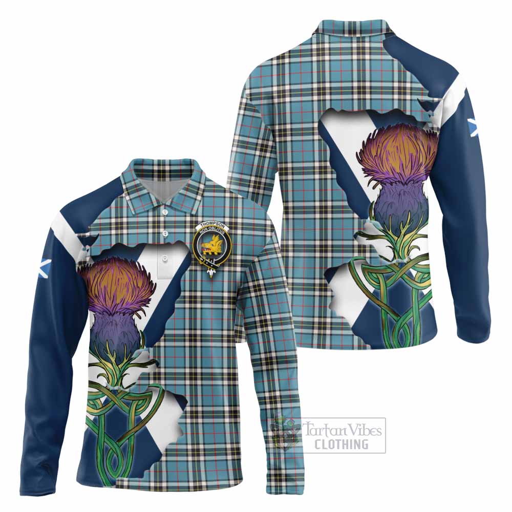 Tartan Vibes Clothing Thompson (Thomson) Tartan Family Crest Long Sleeve Polo Shirt Scottish Thistle Celtic Inspired