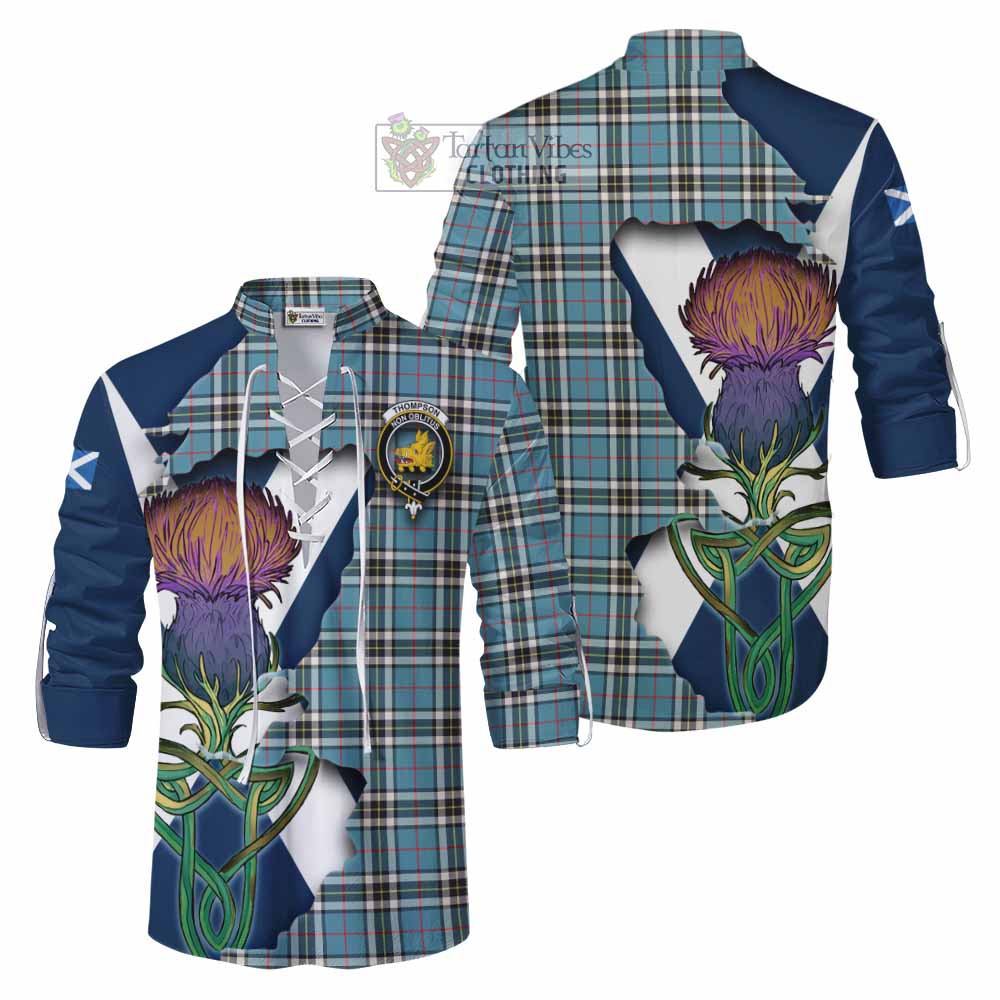 Tartan Vibes Clothing Thompson (Thomson) Tartan Family Crest Ghillie Kilt Shirt Scottish Thistle Celtic Inspired