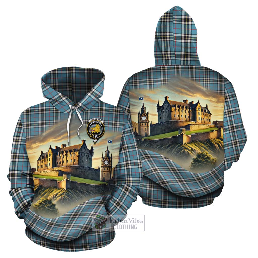 Tartan Vibes Clothing Thompson (Thomson) Tartan Family Crest Cotton Hoodie with Scottish Ancient Castle Style