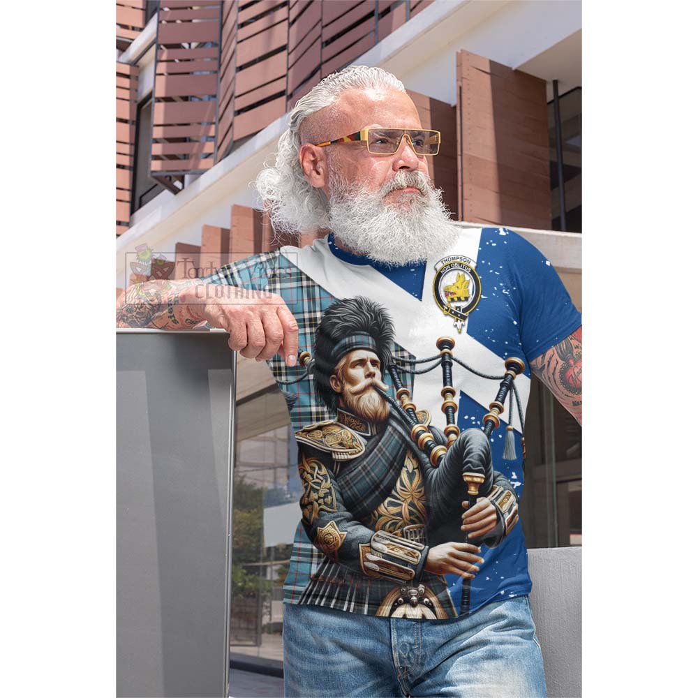 Tartan Vibes Clothing Thompson (Thomson) Tartan Cotton T-shirt with Family Crest Scottish Bagpiper Vibes