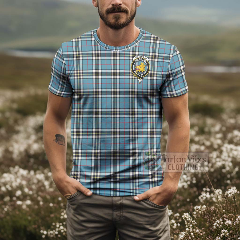 Tartan Vibes Clothing Thompson (Thomson) Tartan T-Shirt with Family Crest and Bearded Skull Holding Bottles of Whiskey