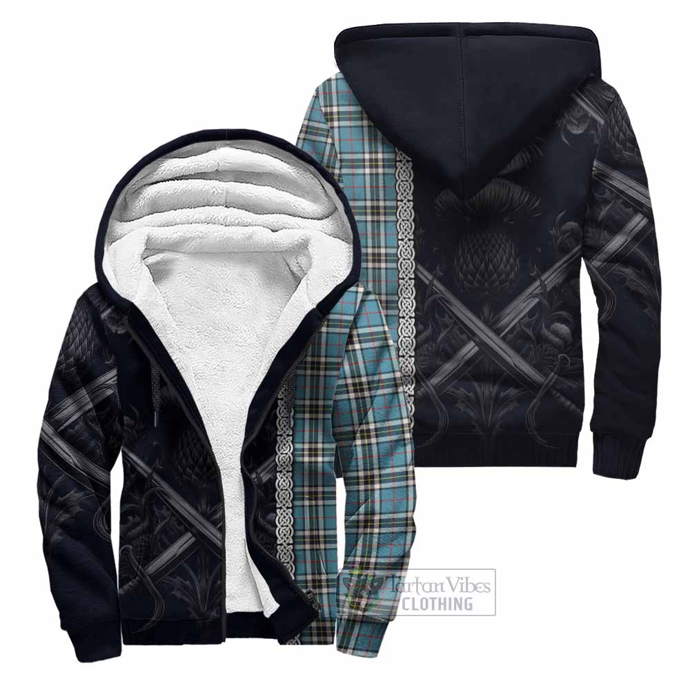 Tartan Vibes Clothing Thompson (Thomson) Tartan Sherpa Hoodie with Family Crest Cross Sword Thistle Celtic Vibes
