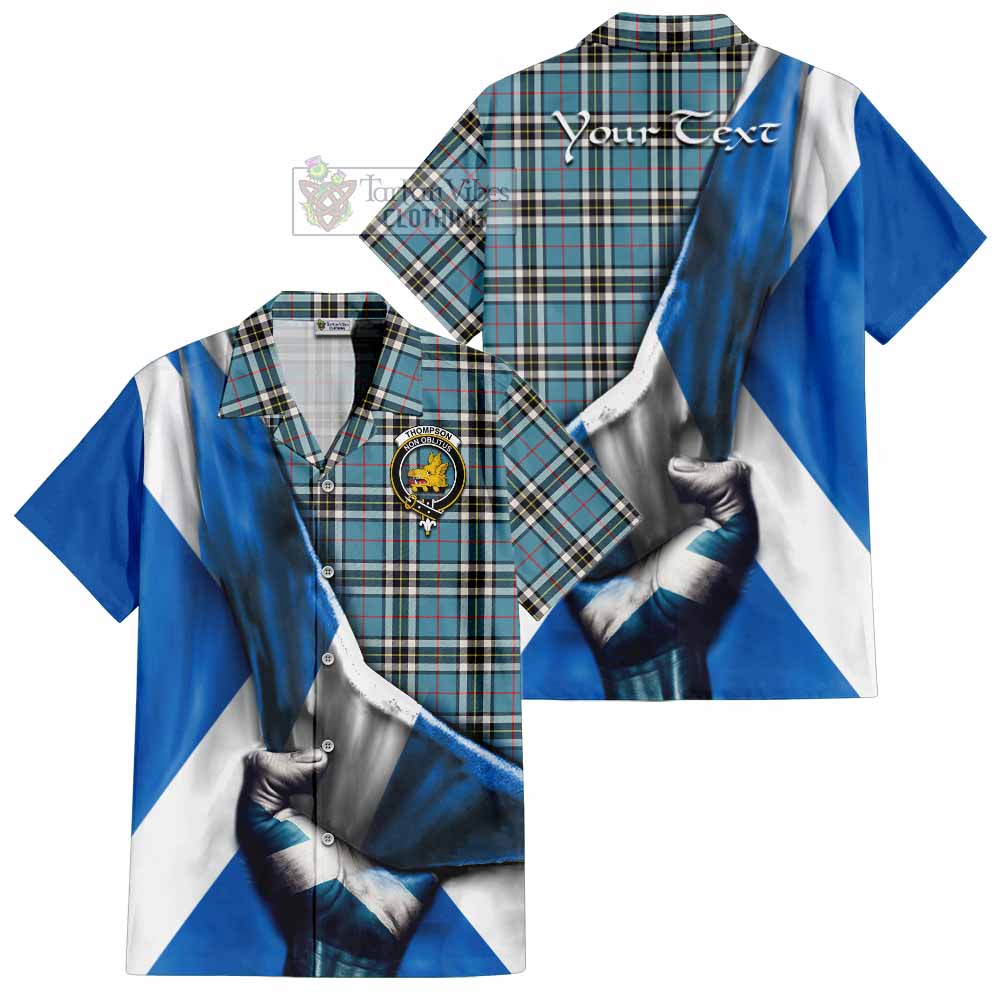 Tartan Vibes Clothing Thompson (Thomson) Tartan Short Sleeve Button Shirt with Family Crest Scotland Patriotic Style