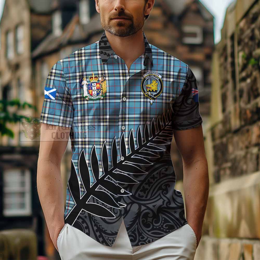 Tartan Vibes Clothing Thompson (Thomson) Crest Tartan Short Sleeve Button Shirt with New Zealand Silver Fern Half Style