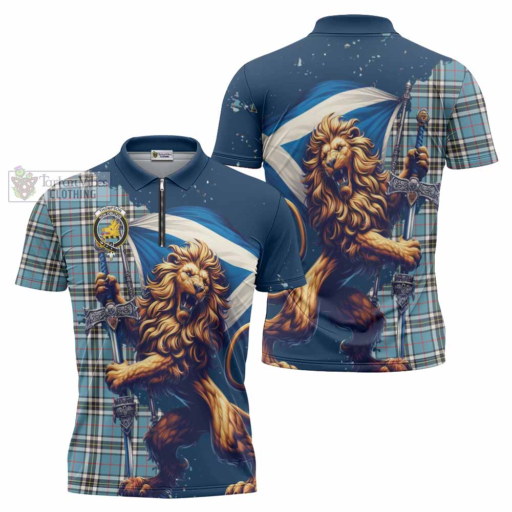 Tartan Vibes Clothing Thompson (Thomson) Tartan Family Crest Zipper Polo Shirt with Scottish Majestic Lion