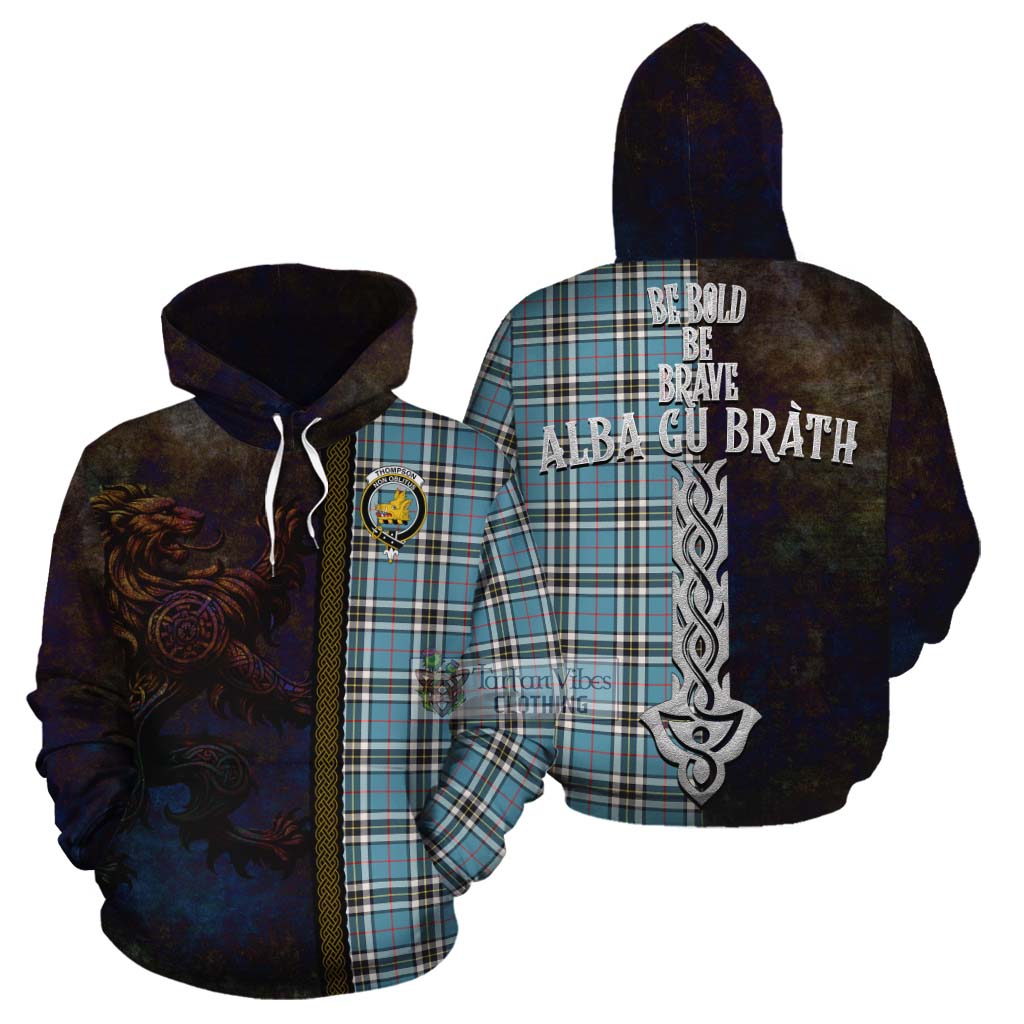 Tartan Vibes Clothing Thompson (Thomson) Tartan Family Crest Cotton Hoodie Alba Gu Brath Be Brave Lion Ancient Style