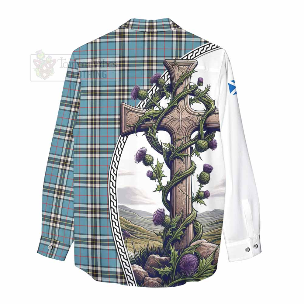 Tartan Vibes Clothing Thompson (Thomson) Tartan Women's Casual Shirt with Family Crest and St. Andrew's Cross Accented by Thistle Vines