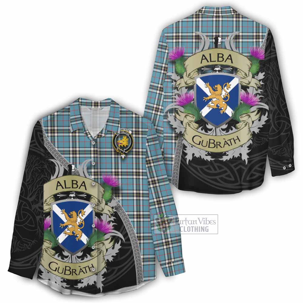 Tartan Vibes Clothing Thompson (Thomson) Tartan Family Crest Women's Casual Shirt Lion Rampant Royal Thistle Shield Celtic Inspired