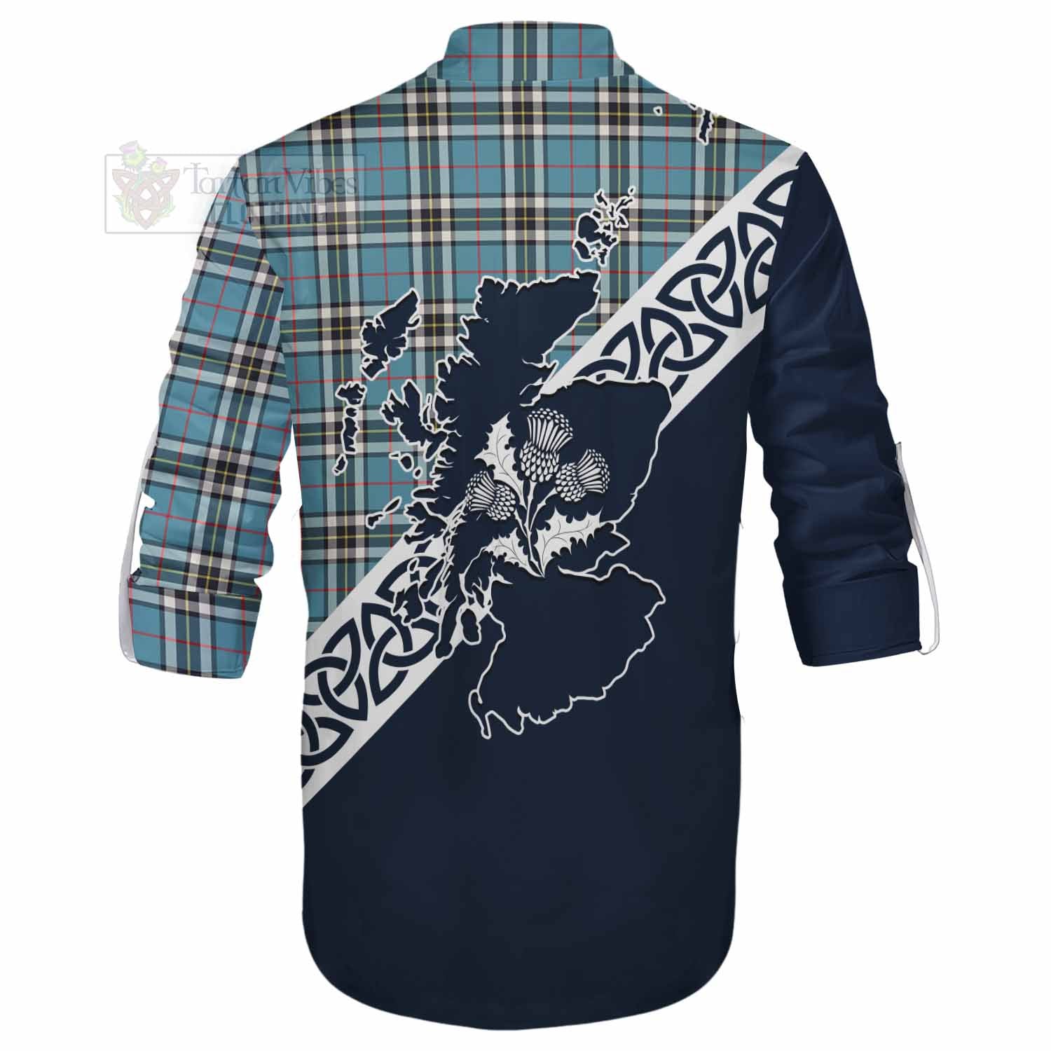 Tartan Vibes Clothing Thompson (Thomson) Tartan Ghillie Kilt Shirt Featuring Thistle and Scotland Map