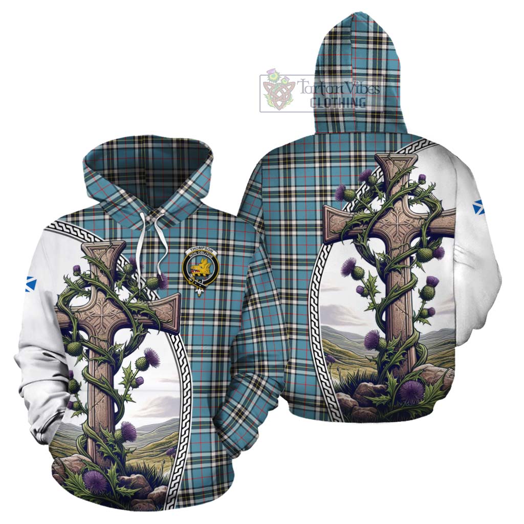 Tartan Vibes Clothing Thompson (Thomson) Tartan Cotton Hoodie with Family Crest and St. Andrew's Cross Accented by Thistle Vines