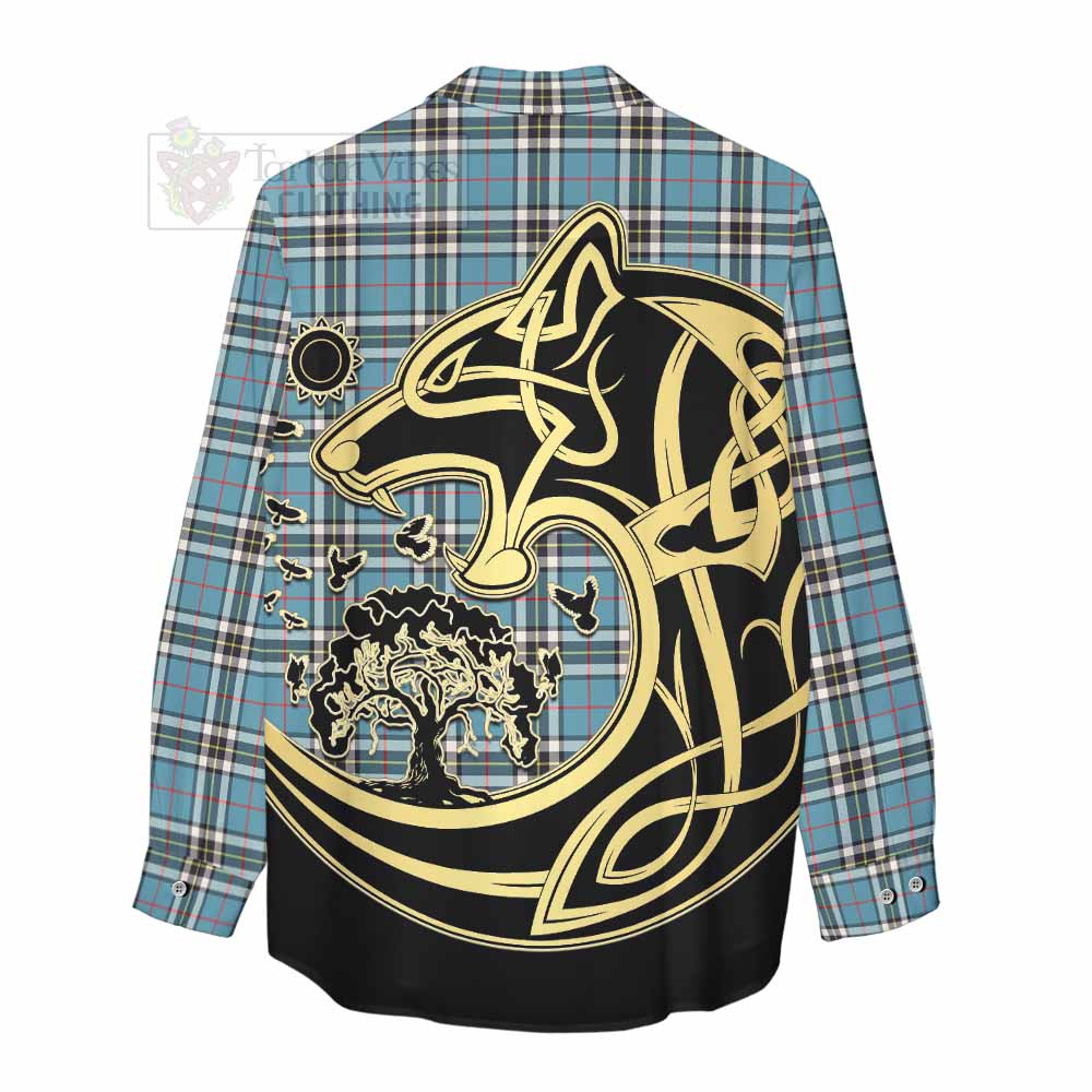 Tartan Vibes Clothing Thompson (Thomson) Tartan Women's Casual Shirt with Family Crest Celtic Wolf Style