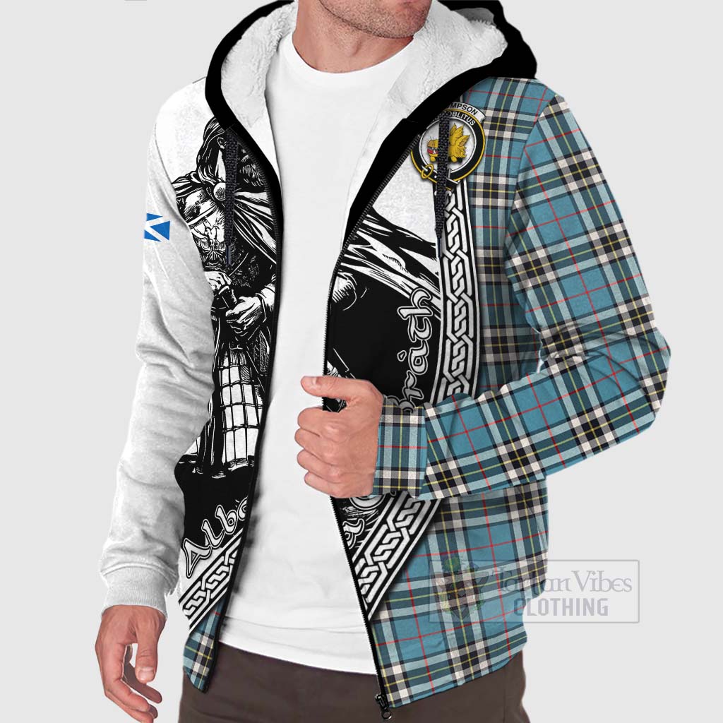 Tartan Vibes Clothing Thompson (Thomson) Tartan Clan Crest Sherpa Hoodie with Highlander Warrior Celtic Style