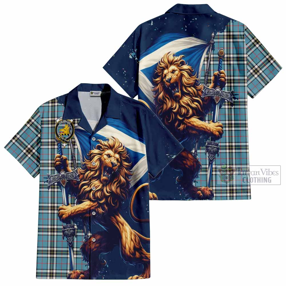 Tartan Vibes Clothing Thompson (Thomson) Tartan Family Crest Short Sleeve Button Shirt with Scottish Majestic Lion