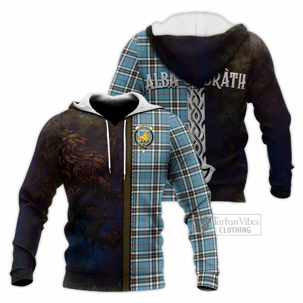 Tartan Vibes Clothing Thompson (Thomson) Tartan Family Crest Knitted Hoodie Alba Gu Brath Be Brave Lion Ancient Style