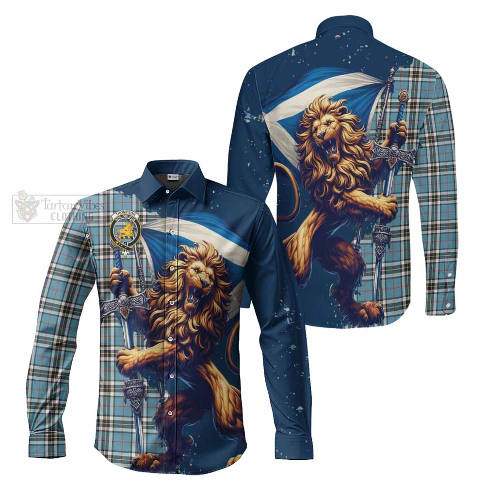 Tartan Vibes Clothing Thompson (Thomson) Tartan Family Crest Long Sleeve Button Shirt with Scottish Majestic Lion
