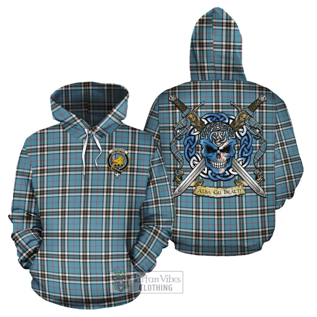 Tartan Vibes Clothing Thompson (Thomson) Tartan Cotton Hoodie with Family Crest Celtic Skull Style