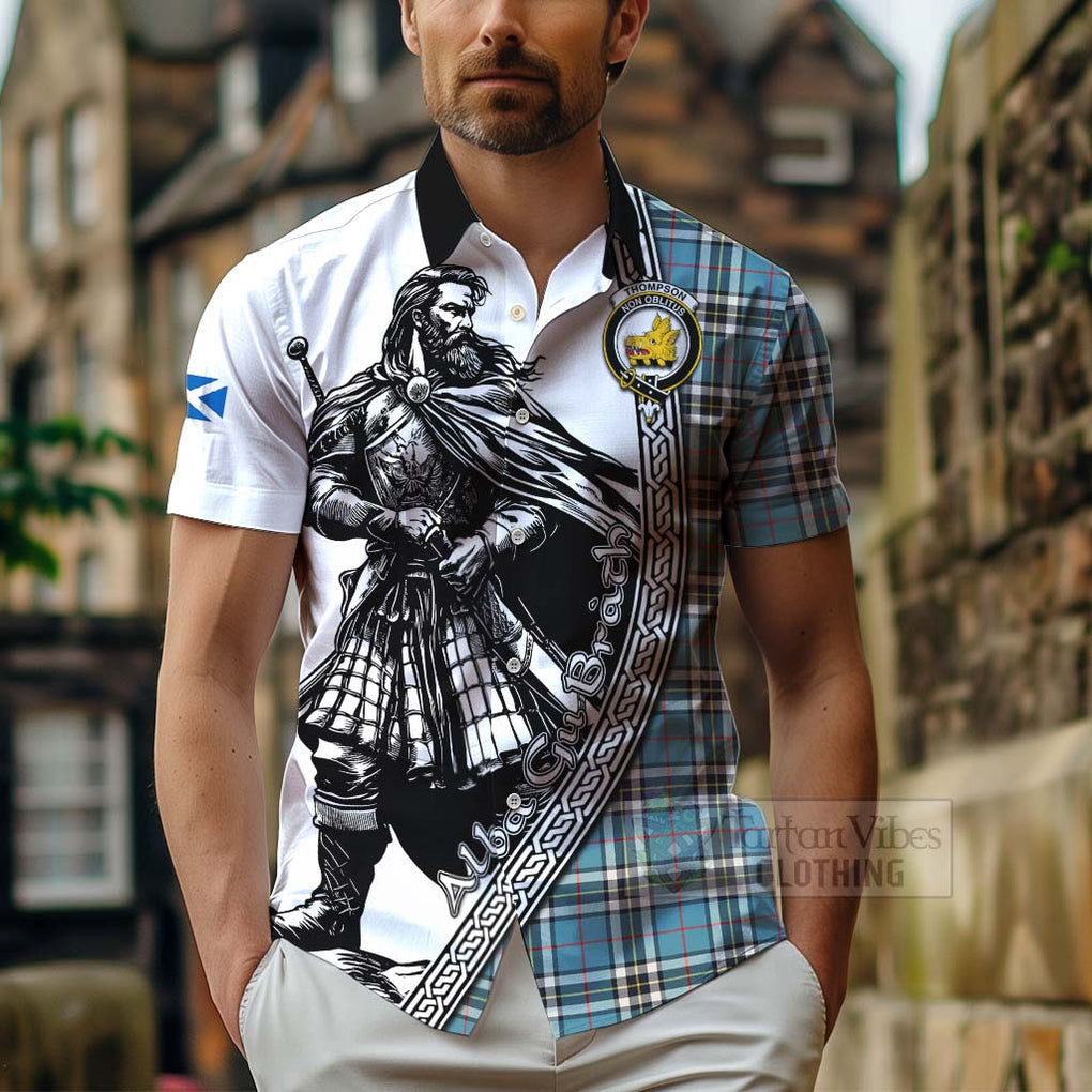 Tartan Vibes Clothing Thompson (Thomson) Tartan Clan Crest Short Sleeve Button Shirt with Highlander Warrior Celtic Style