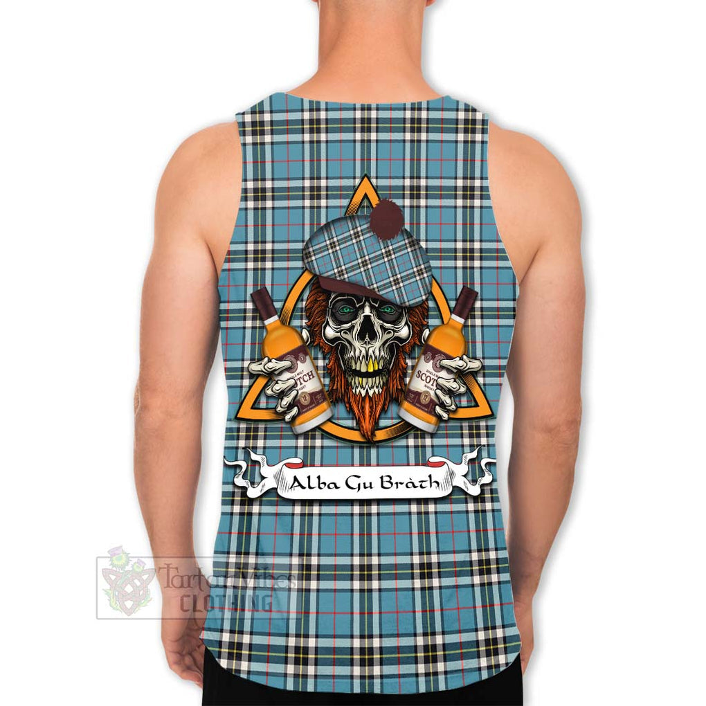 Tartan Vibes Clothing Thompson (Thomson) Tartan Men's Tank Top with Family Crest and Bearded Skull Holding Bottles of Whiskey