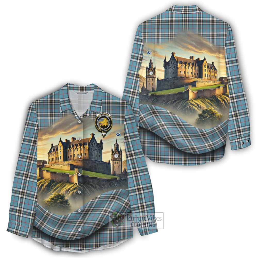 Tartan Vibes Clothing Thompson (Thomson) Tartan Family Crest Women's Casual Shirt with Scottish Ancient Castle Style