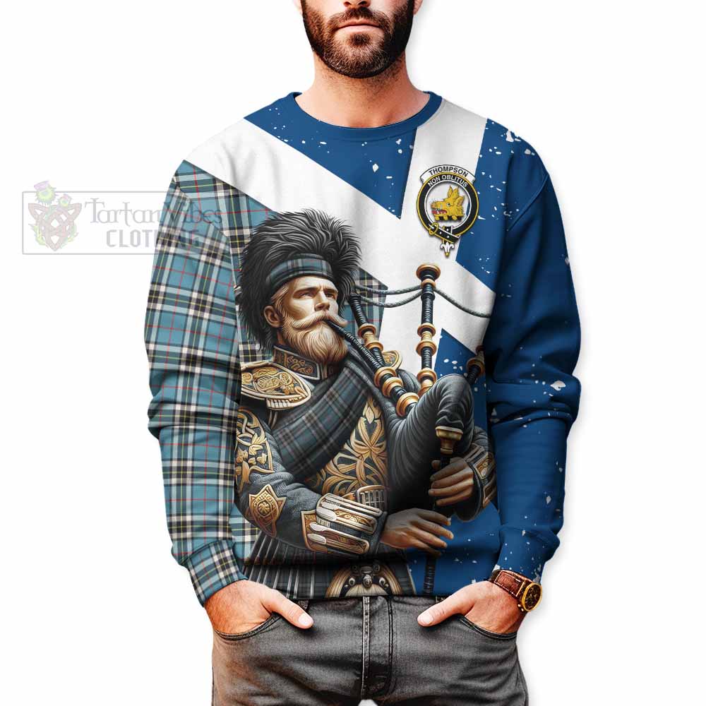 Tartan Vibes Clothing Thompson (Thomson) Tartan Sweatshirt with Family Crest Scottish Bagpiper Vibes