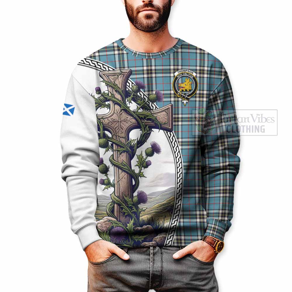 Tartan Vibes Clothing Thompson (Thomson) Tartan Sweatshirt with Family Crest and St. Andrew's Cross Accented by Thistle Vines