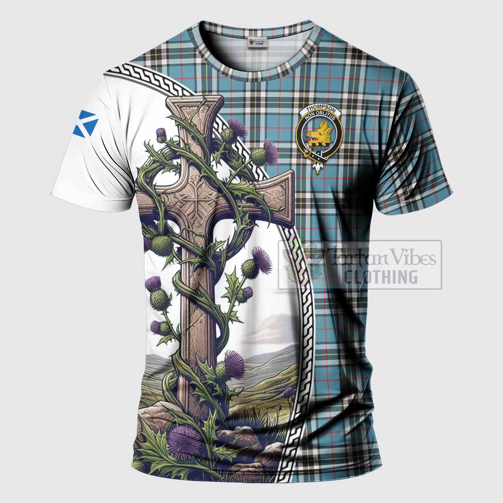 Tartan Vibes Clothing Thompson (Thomson) Agnew Tartan T-Shirt with Family Crest and St. Andrew's Cross Accented by Thistle Vines