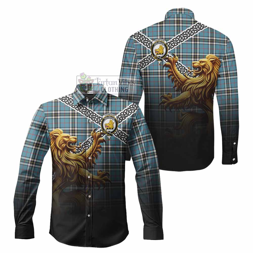 Tartan Vibes Clothing Thompson (Thomson) Crest Tartan Long Sleeve Button Shirt with Golden Lion Emblem Celtic Style