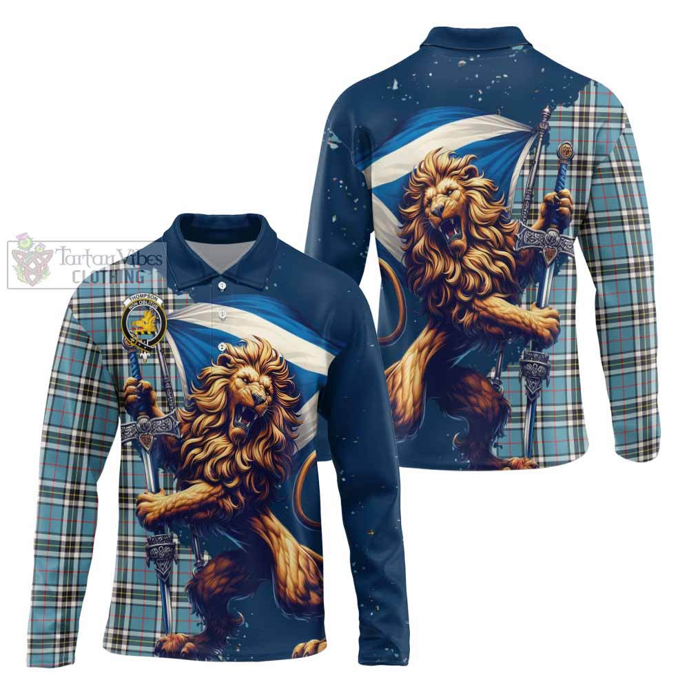 Tartan Vibes Clothing Thompson (Thomson) Tartan Family Crest Long Sleeve Polo Shirt with Scottish Majestic Lion