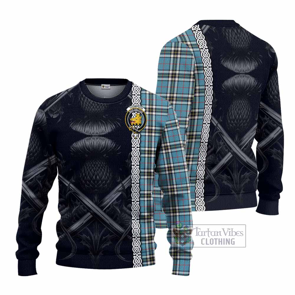 Tartan Vibes Clothing Thompson (Thomson) Tartan Knitted Sweater with Family Crest Cross Sword Thistle Celtic Vibes