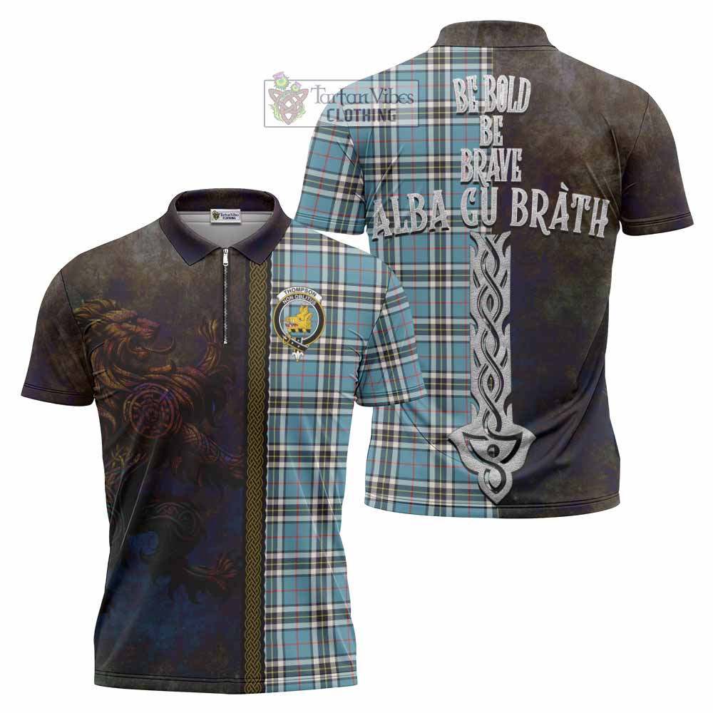 Tartan Vibes Clothing Thompson (Thomson) Tartan Family Crest Zipper Polo Shirt Alba Gu Brath Be Brave Lion Ancient Style
