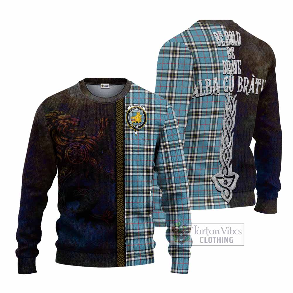 Tartan Vibes Clothing Thompson (Thomson) Tartan Family Crest Knitted Sweater Alba Gu Brath Be Brave Lion Ancient Style