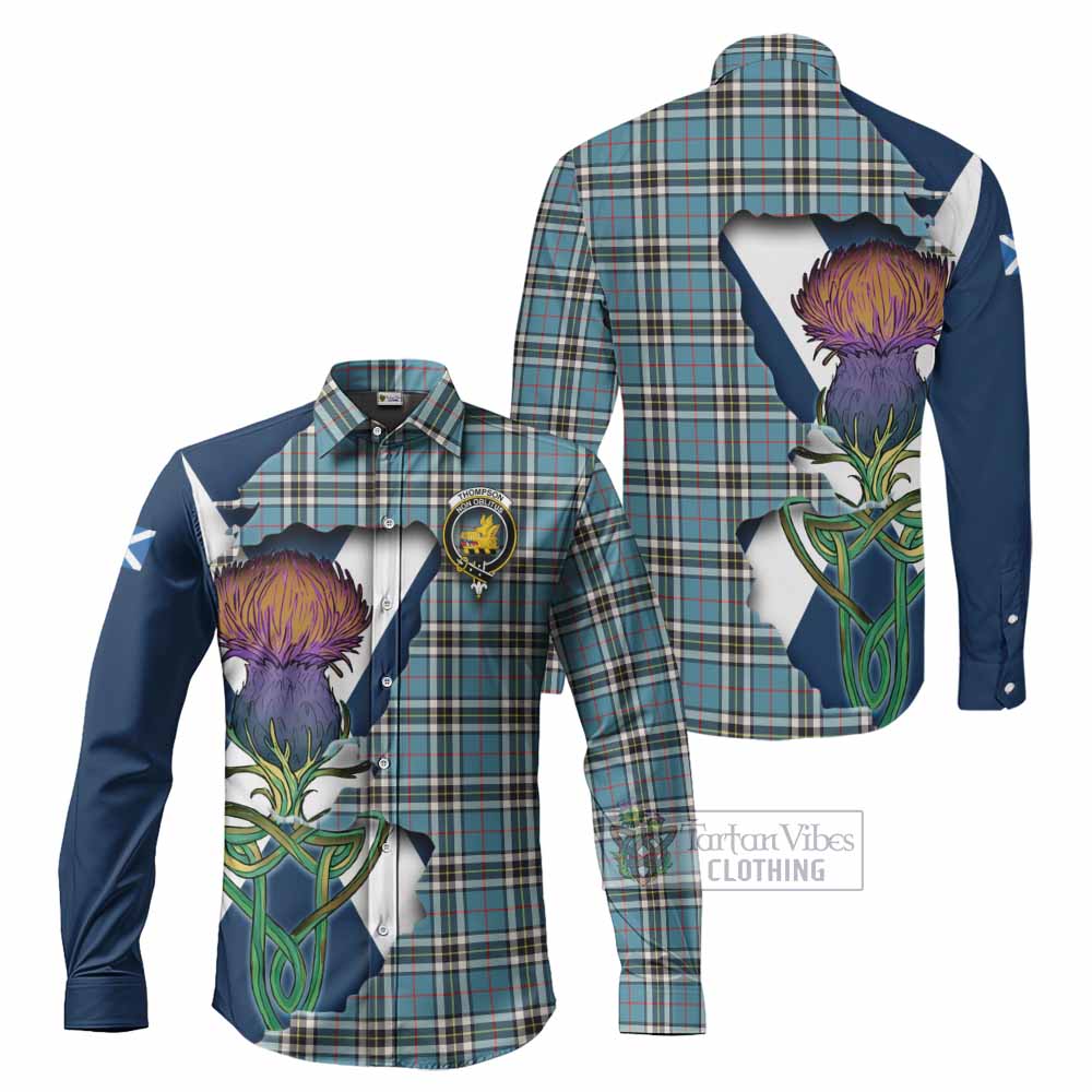 Tartan Vibes Clothing Thompson (Thomson) Tartan Family Crest Long Sleeve Button Shirt Scottish Thistle Celtic Inspired