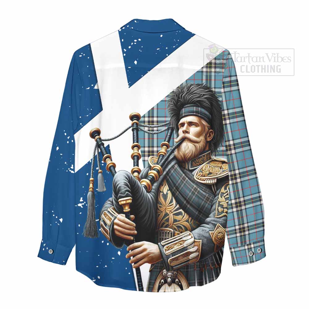 Tartan Vibes Clothing Thompson (Thomson) Tartan Women's Casual Shirt with Family Crest Scottish Bagpiper Vibes