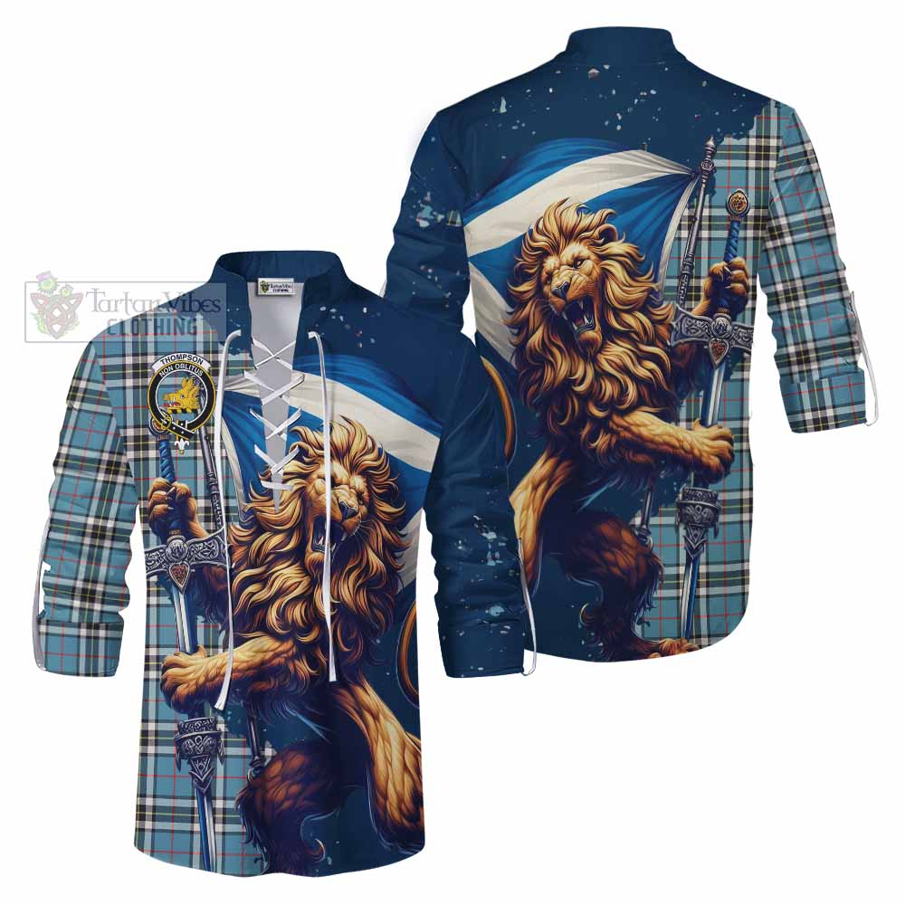 Tartan Vibes Clothing Thompson (Thomson) Tartan Family Crest Ghillie Kilt Shirt with Scottish Majestic Lion